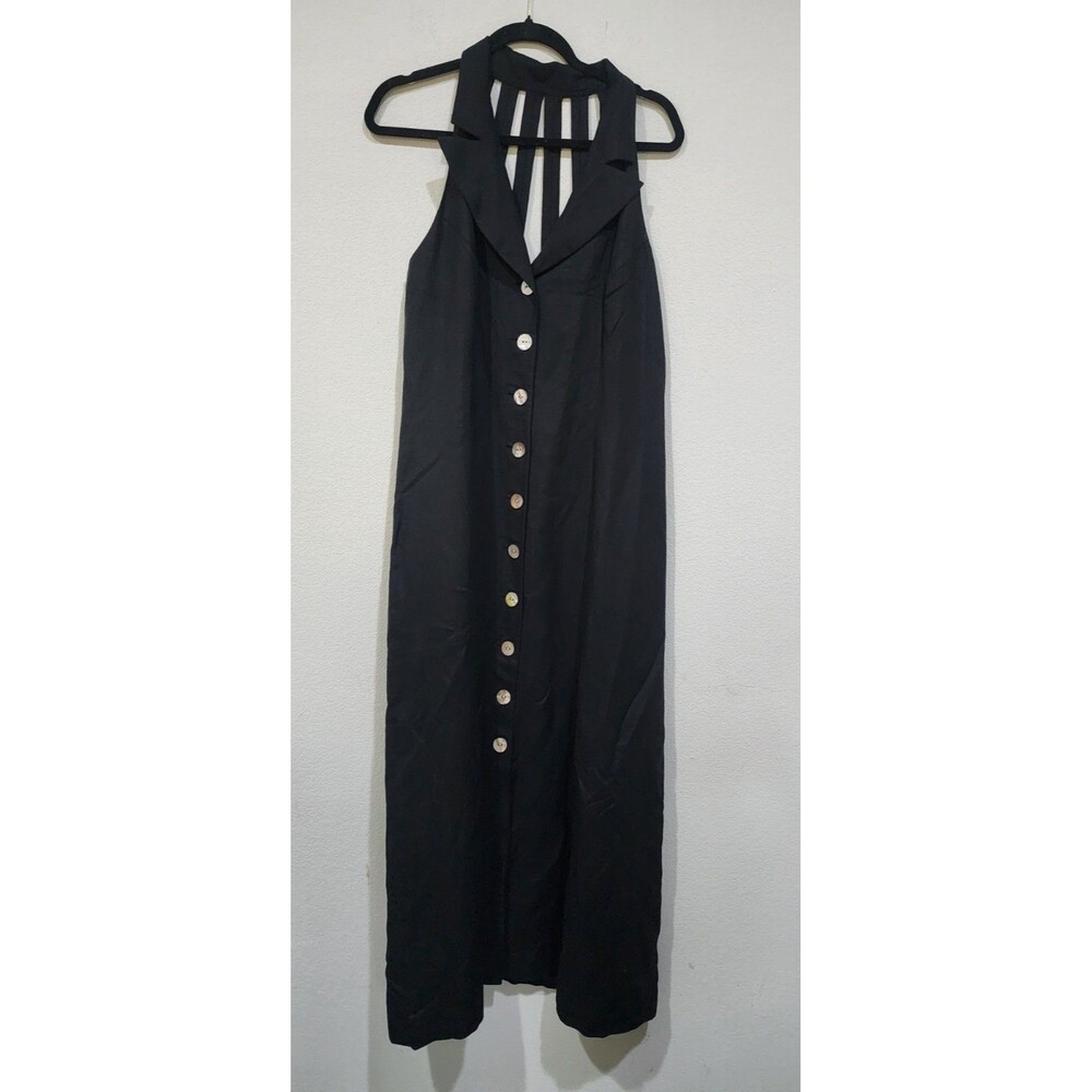 Jessica Howard Vintage Black Linen Blend Maxi Dress Button Up Front Sz 14